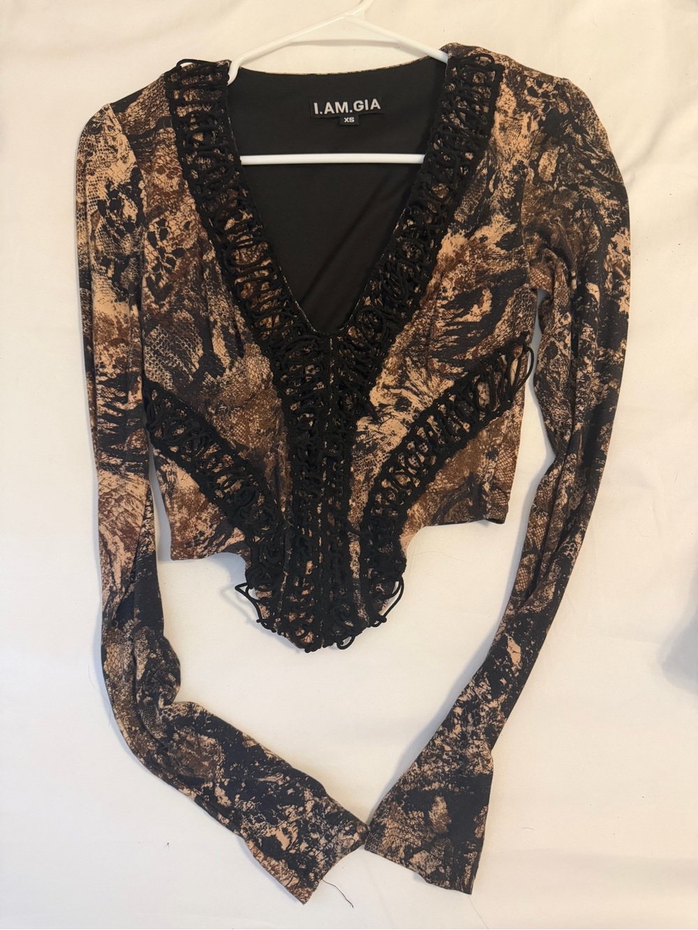 I.AM.GIA Brown and Black Snake Print Lace-Up Long Sleeve Top